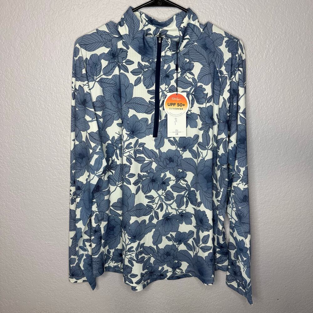 Walter Hagen P11 UPF 50+ Floral Quarter Zip Golf Pullover XXL NWT Blue White